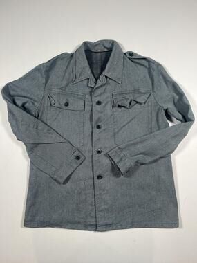 Vintage Hess Jacket Mens 52 Gray Military Button Front Unlined Cotton Workwear